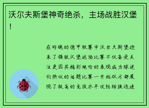沃尔夫斯堡神奇绝杀，主场战胜汉堡！